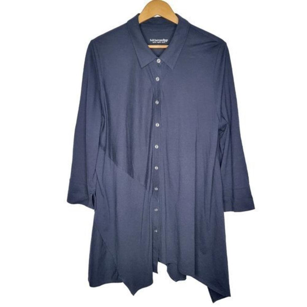 Soft Surroundings XL Navy Blue Button Front‎ Collared Mid Sleeve Women's Top